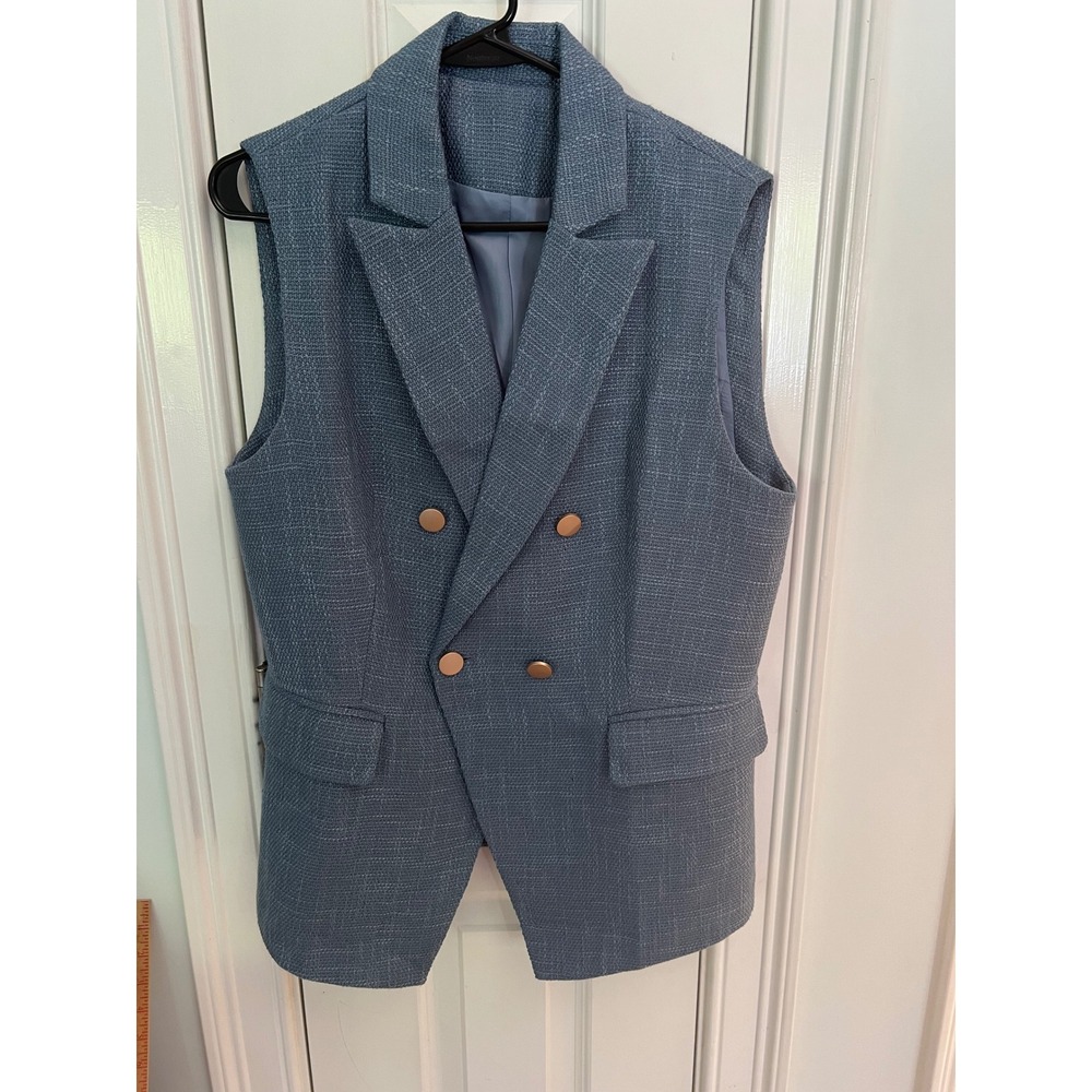 Unbranded Blue Textured Tweed Double Breasted Sleeveless Blazer Vest Large